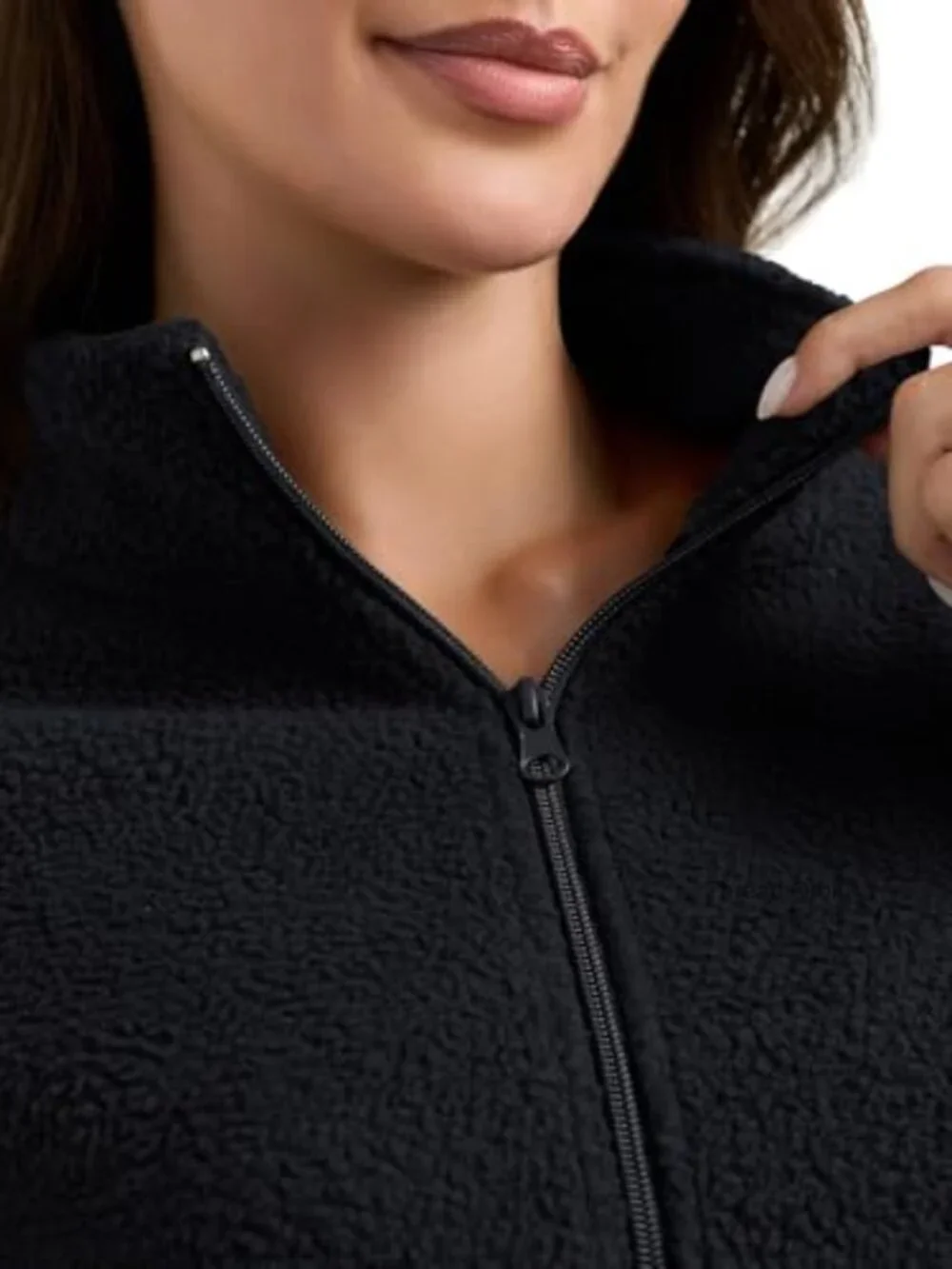 Cropped Fleece Sherpa Jacket, Zip Up, Long Sleeve, Winter Casual - Picture 4 of 7